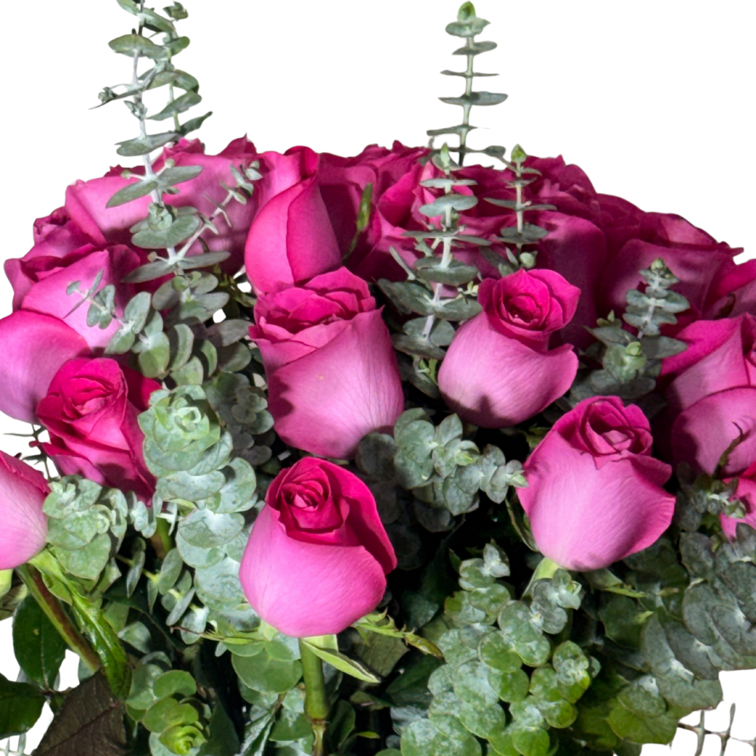 24 Rosas Fucsia en Florero con Follaje