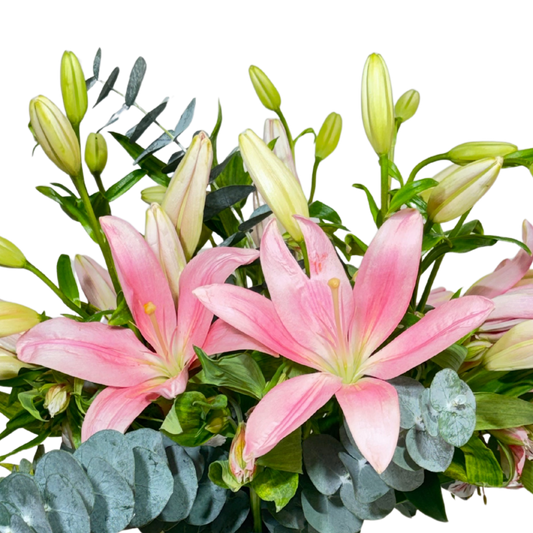 Lilis Rosas con Astromelias y Follaje en Florero