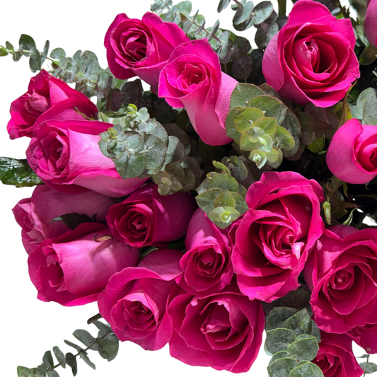 24 Rosas Fucsia en Florero con Follaje