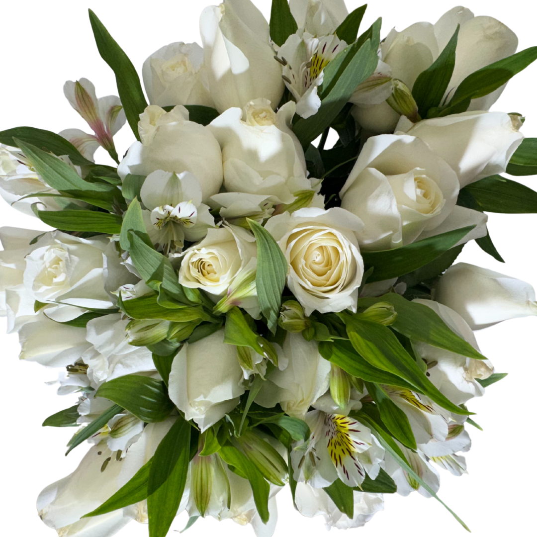 24 Rosas Blancas en Florero con Astromelia