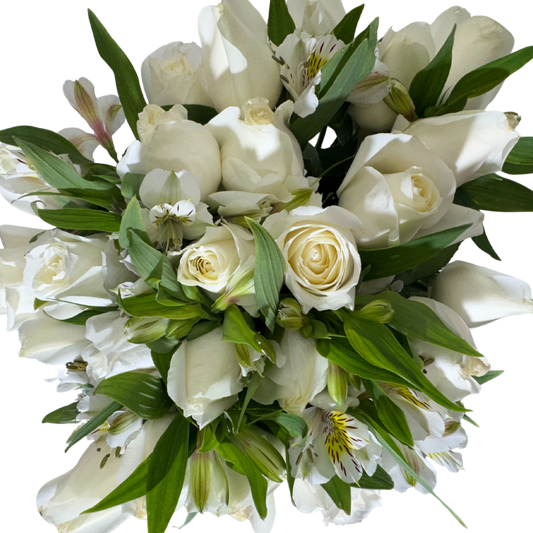 24 Rosas Blancas en Florero con Astromelia