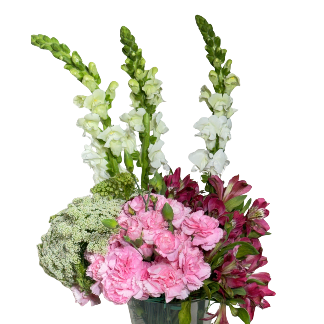 Clavelinas Rosas y Astromelias con Perrito y Follaje en Florero