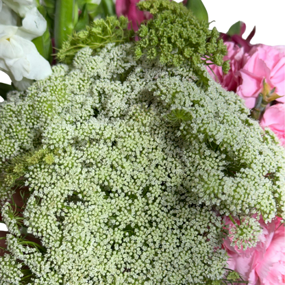 Clavelinas Rosas y Astromelias con Perrito y Follaje en Florero