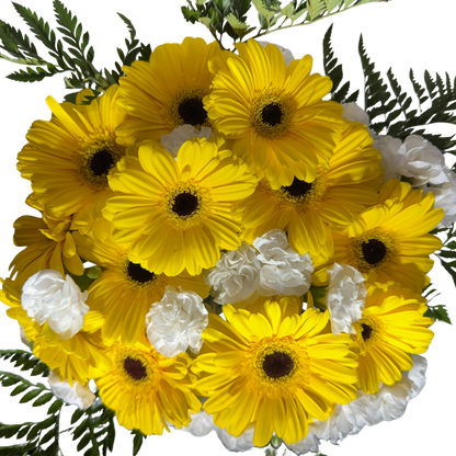 Gerberas Amarillas y Clavelinas Blancas con Follaje en Florero