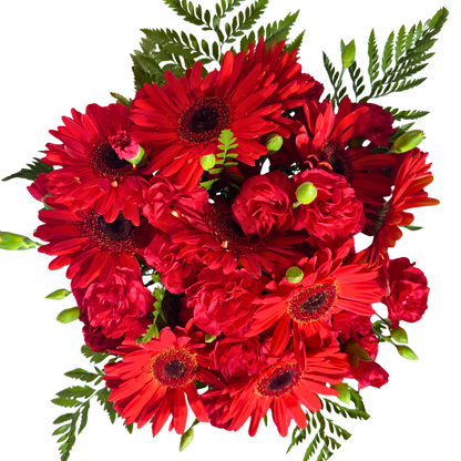 Gerberas y Clavelinas Rojas con Follaje en Florero