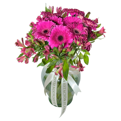 Gerberas Fucsia con Astromelias en Florero