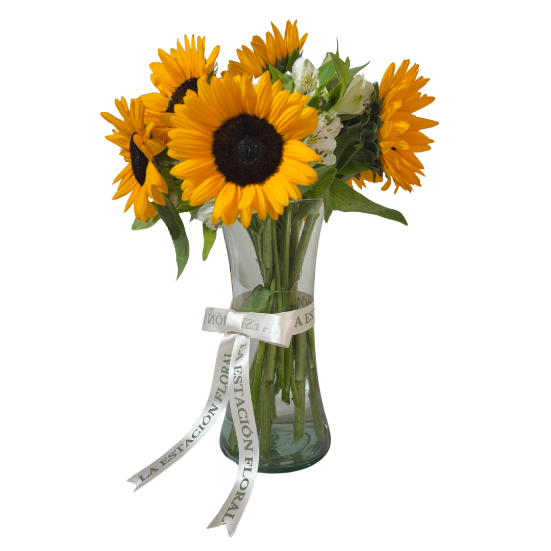 Girasoles con Astromelias Blancas en Florero