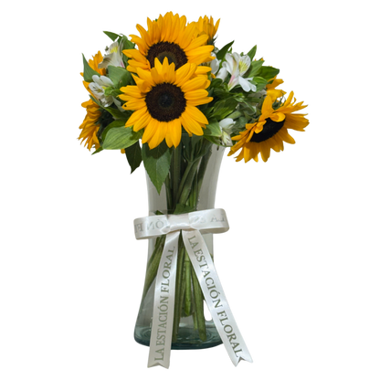 Girasoles con Astromelias Blancas en Florero