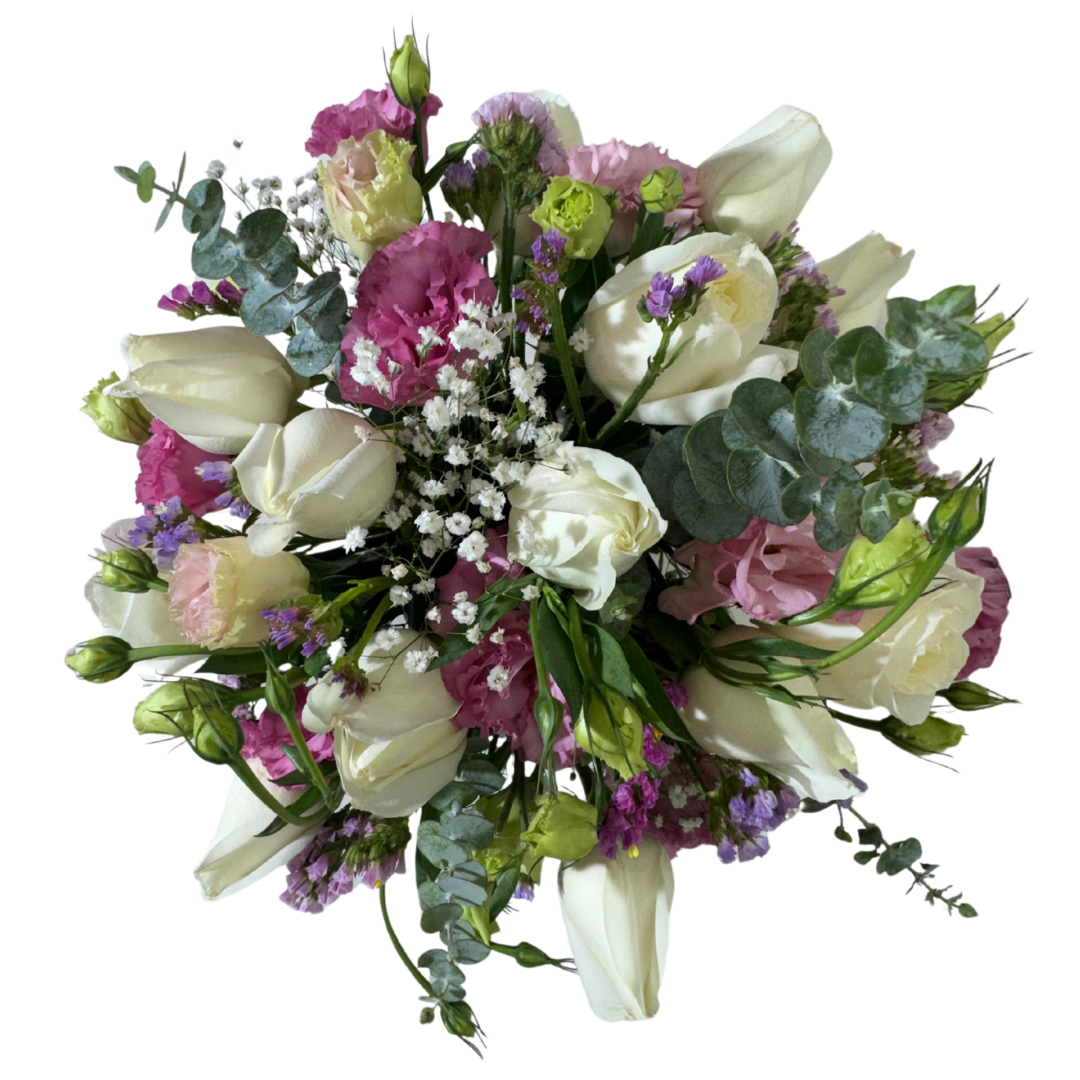Arreglo Floral con Lisianthus Rosa y Rosas Blancas en Base