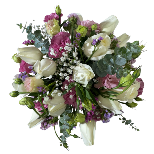 Arreglo Floral con Lisianthus Rosa y Rosas Blancas en Base
