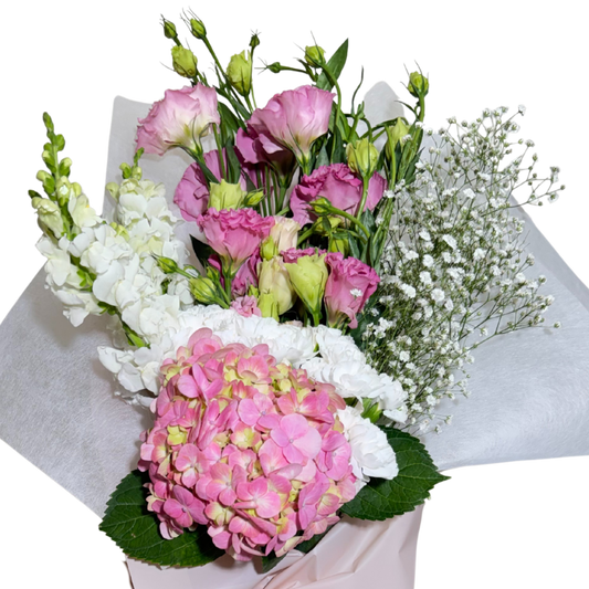 Ramo de Hortensia y Lisianthus Rosa con Clavelina y Perrito Blanco