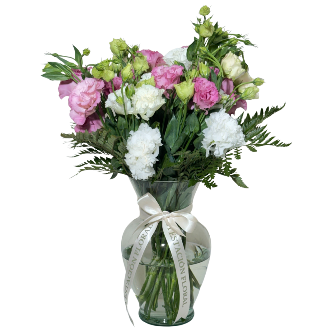 Lisianthus Rosa y Blanco en Florero con Follaje