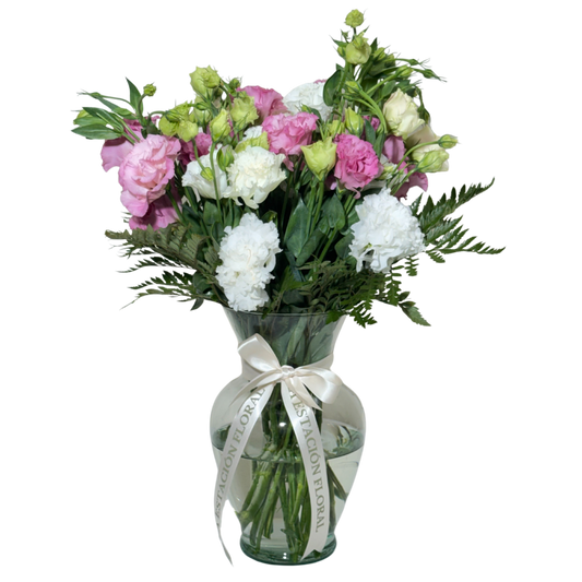 Lisianthus Rosa y Blanco en Florero con Follaje