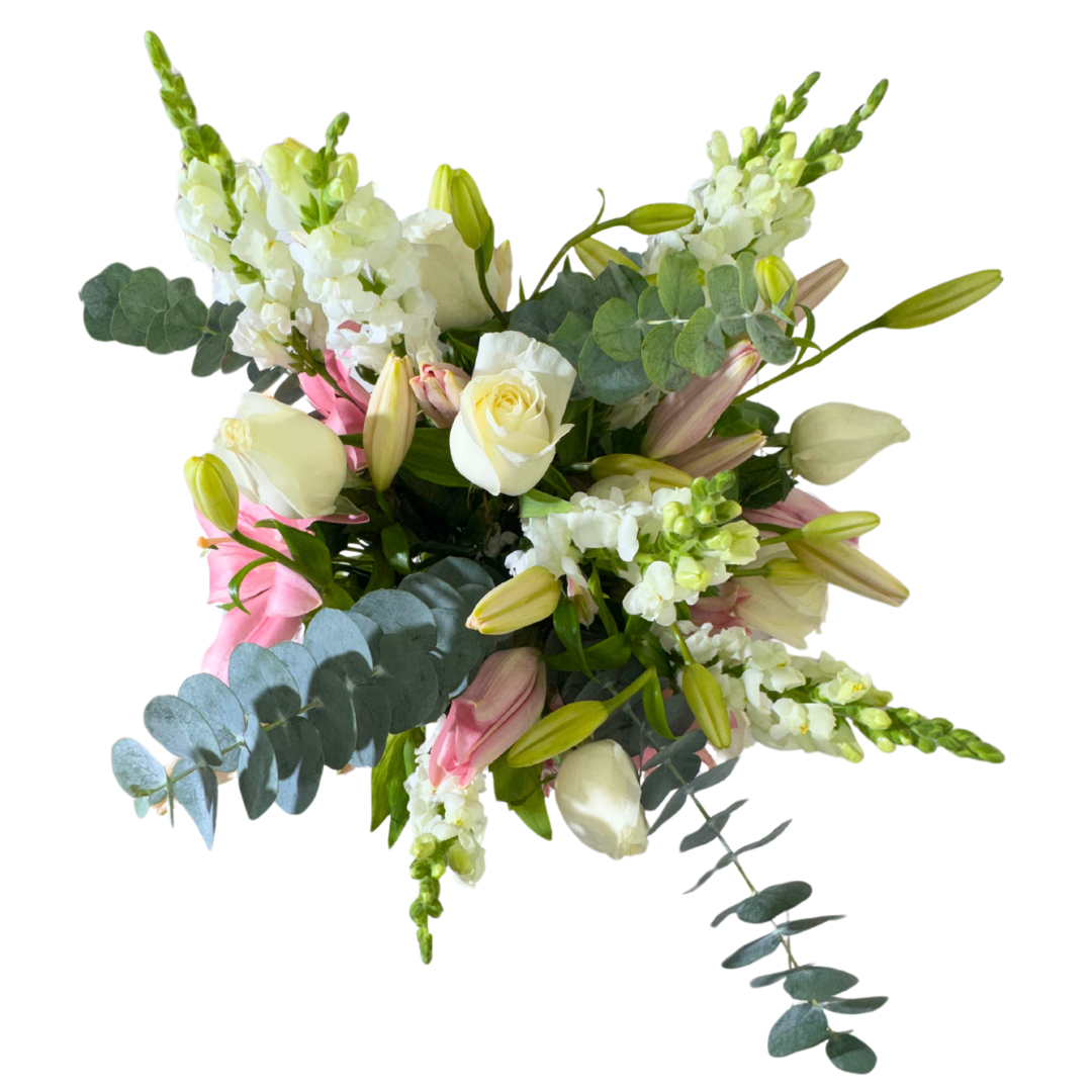 Lilis, Astromelias y Rosas con Follaje en Florero